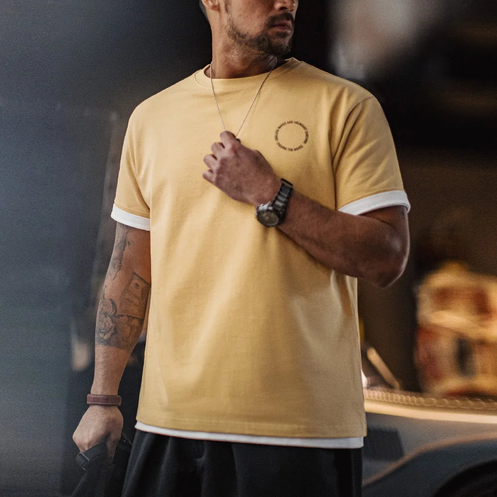 Maden Vintage Foam Print Short Sleeves T-Shirt Men's Summer Heavyweight Yellow Cotton Tee Loose Fit Crew Neck Casual Street Tops