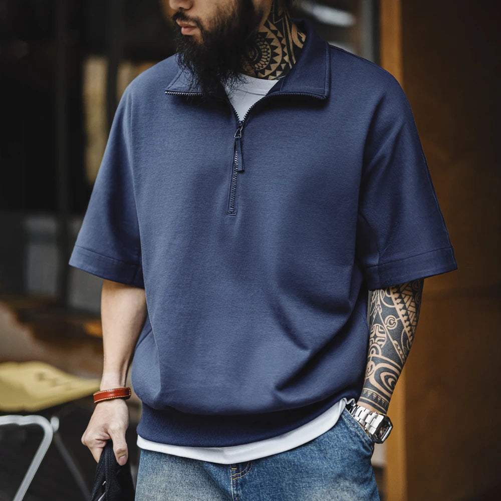 Maden Vintage Boro Style Half-Zip Short Sleeve Polo Shirt Men's Summer Indigo Dyed Printed Loose Collar T-Shirt Casual Gray Tops