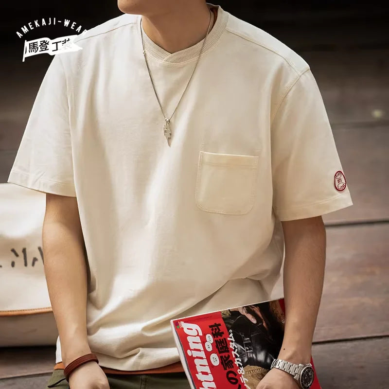 Maden Vintage Cotton Heavyweight Short Sleeve T-shirts for Men's Summer with Pocket Crew Neck Tees Loose Fit Basic Versatile Top