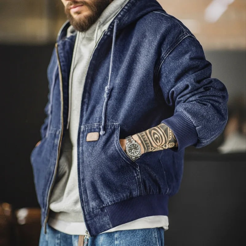 Maden Retro Men's J130 10.5oz Denim Jacket Heavyweight Washed Aged Hooded Jacket Zipper Work Coat with Large Pockets for Fall