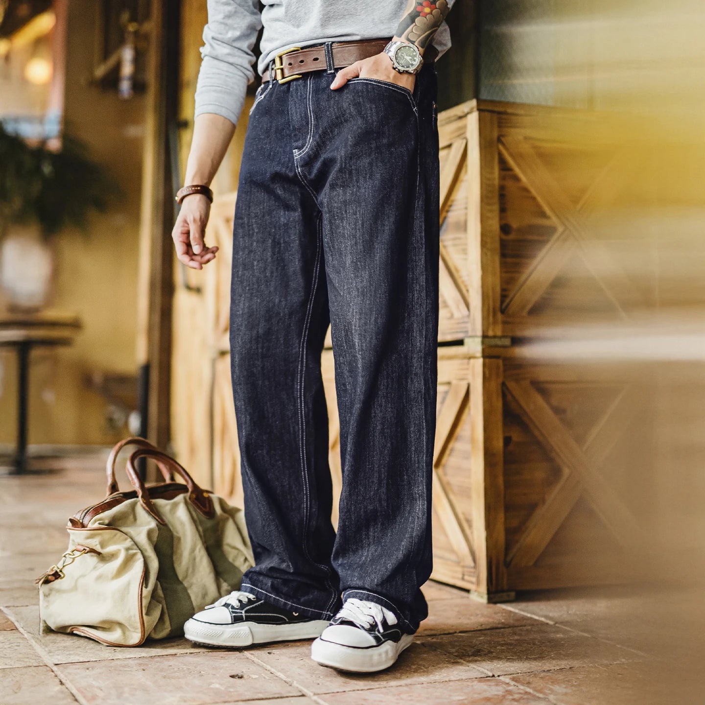 Maden Vintage 12oz One-Washed Denim Jeans for Men Straight Wide Leg Trousers Loose Fit Zip Fly Casual Pants for Fall Winter