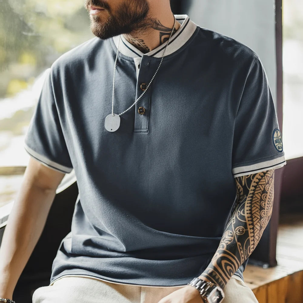 Maden Men's Vintage Baseball Short Sleeve Henley Shirt Heavyweight Contrast Embroidered Tee 100% Cotton Retro Summer T-shirts