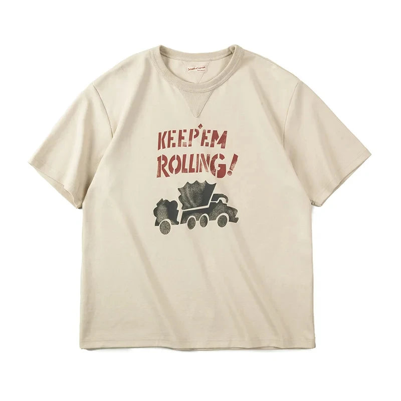 Maden Maden Summer Men's Beige Short Sleeve T-Shirts Vintage Graffiti Letter Car Print Tees Heavyweight Casual  Tops for Men