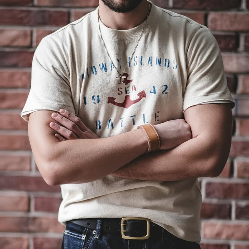 Maden Vintage Letter Print Cotton Short Sleeve T-Shirt Men's Summer Loose Fit Ribbed Crew Neck Tee Casual Street Tops for Daily