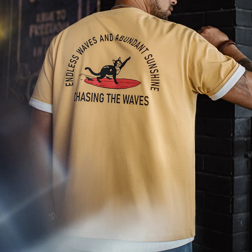 Maden Vintage Foam Print Short Sleeves T-Shirt Men's Summer Heavyweight Yellow Cotton Tee Loose Fit Crew Neck Casual Street Tops