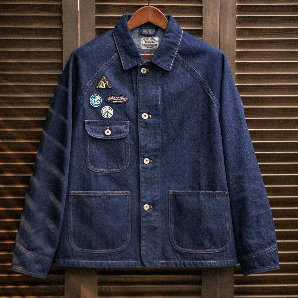 Maden Vintage Embroidered Badge 12.8oz Heavyweight Denim Jacket Washed Lapel Casual Outerwear for Men Spring and Fall Chore Coat