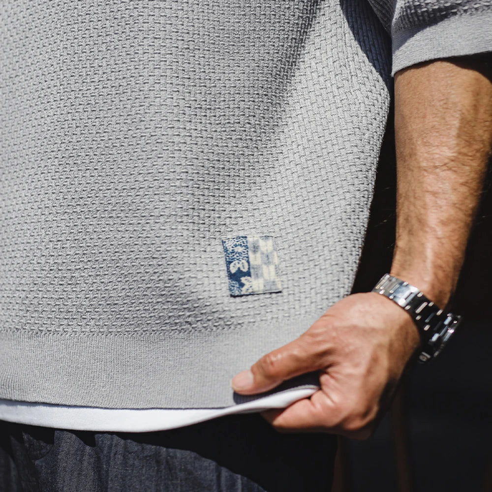 Maden Vintage Boro Style Short Sleeve Henley Shirt Men's Summer Gray Loose Fit Tee Knit Casual Street Versatile Ribbed Hem Tops