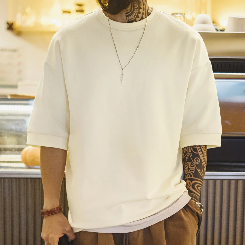 Maden New Casual Loose Fit Crew Neck Short Sleeve T-Shirt Men's Summer Basic Beige Breathable Tee Versatile Cotton Street Top