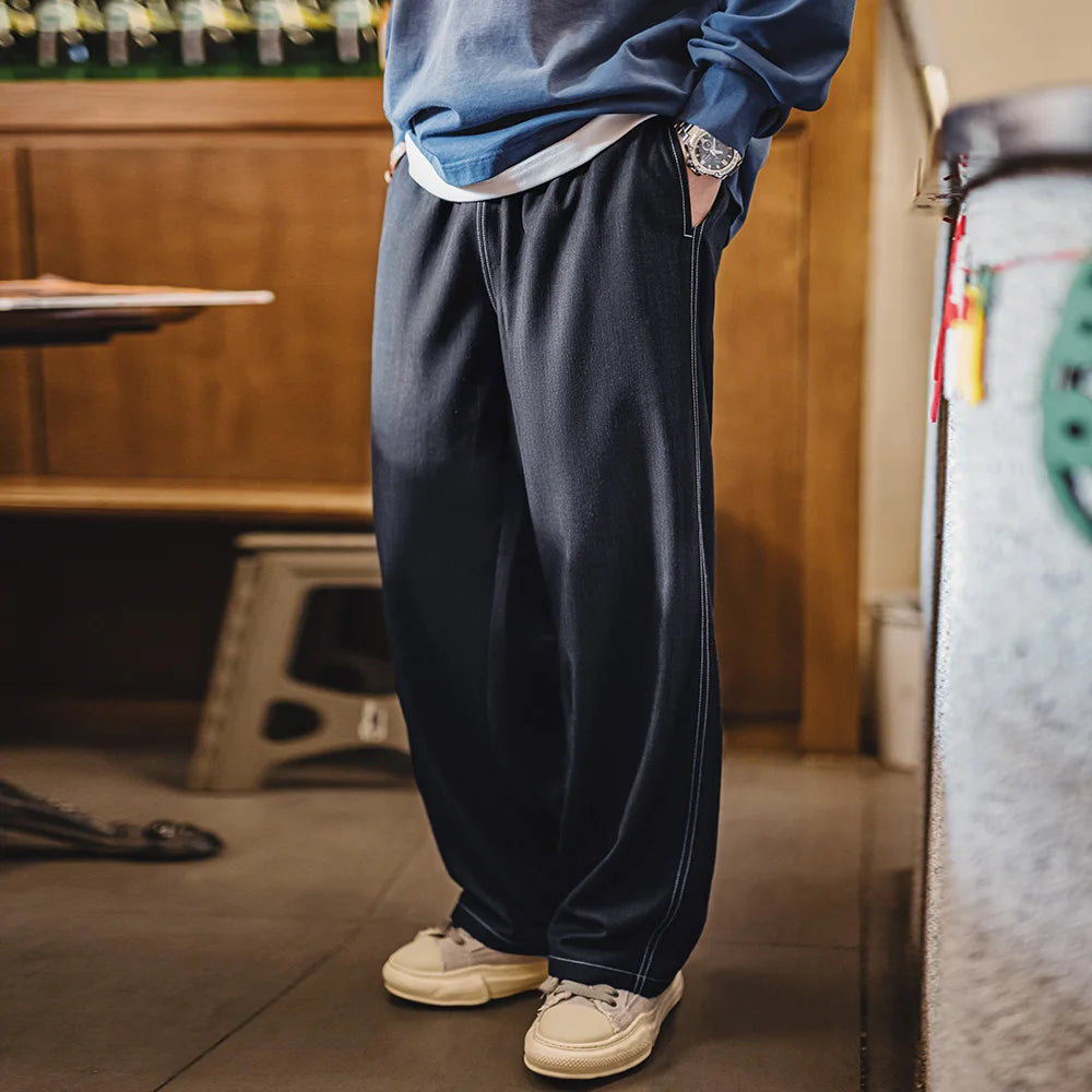 Maden Vintage Draped Non-Iron Black Denim Jeans Men's Spring Casual Drawstring Elastic Waist Loose Trousers Straight Leg Pants