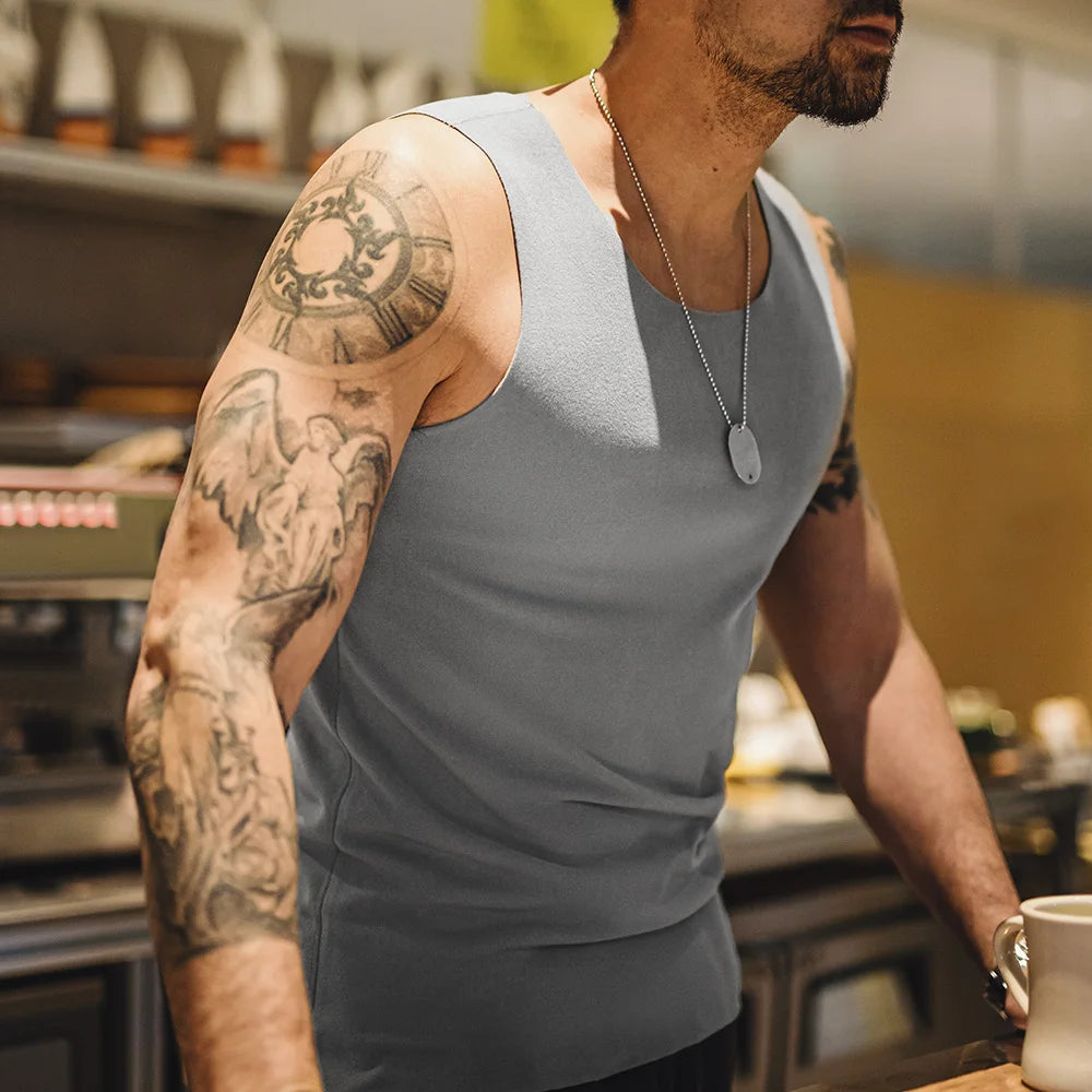 Maden Casual Solid Color Fleece Tank Tops Inner Layer Basic Tops for Men Versatile Seamless Vest Autumn Slim Fit Sleeveless Vest