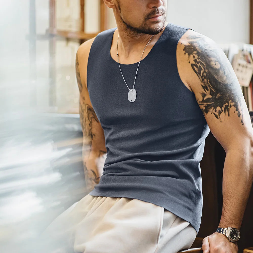 Maden Casual Solid Color Fleece Tank Tops Inner Layer Basic Tops for Men Versatile Seamless Vest Autumn Slim Fit Sleeveless Vest